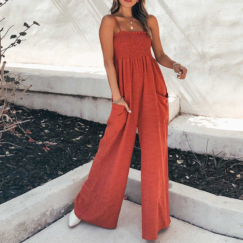 Zomerse Dames Jumpsuit | Relaxte pasvorm met ruche lijfje en spaghettibandjes in ademend katoen