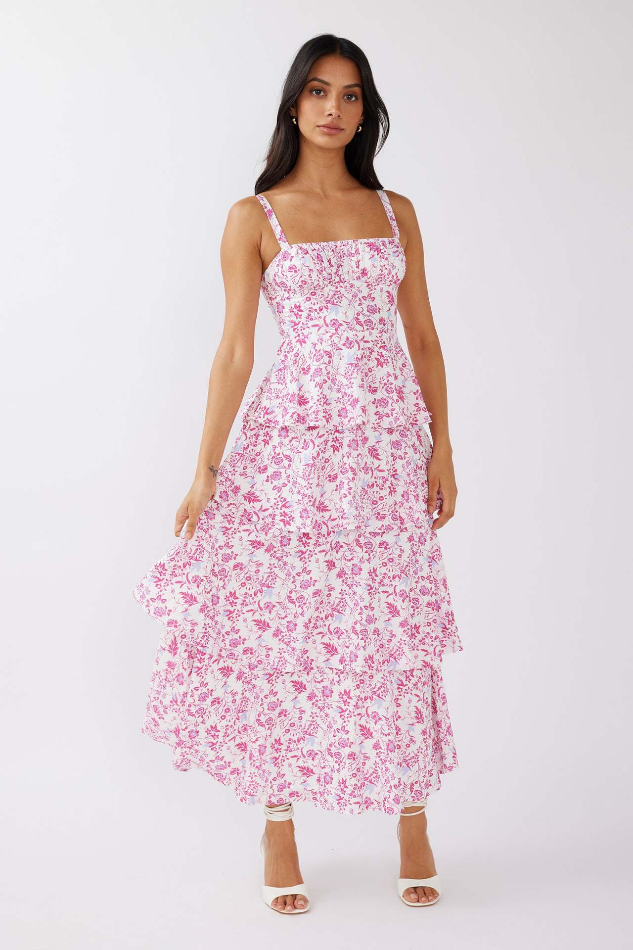 Jacoba | Dames Midi Jurk – Slim Fit met Bloemenprint en Ruches Rok voor Zomerse Elegantie