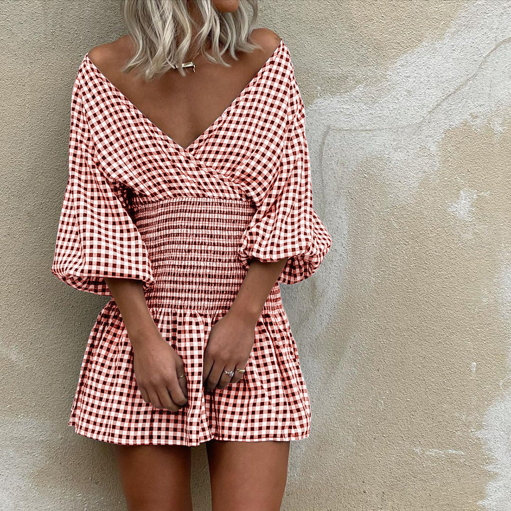 Mini Jurk | Dames jurk met ruitpatroon, V-hals en pofmouwen van katoenmix