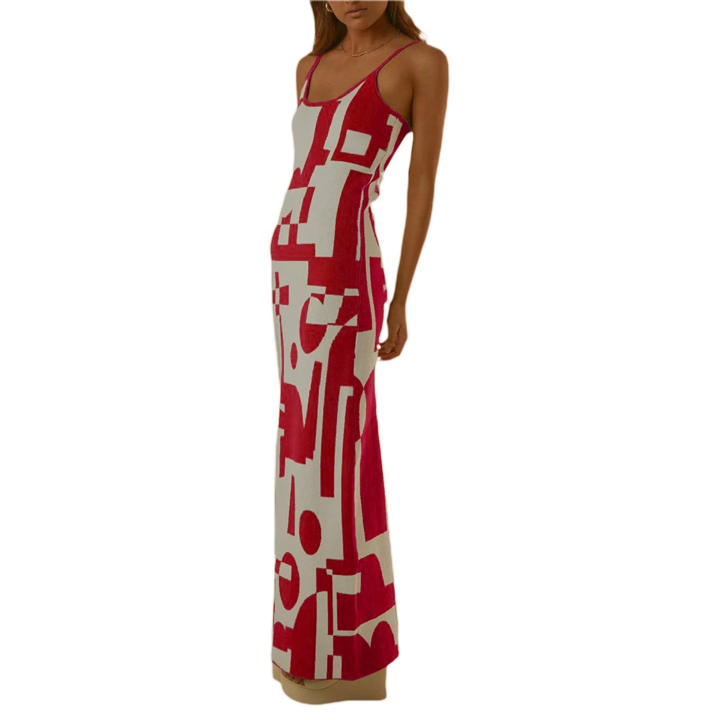 Adrianna | Dames Maxi Jurk – Bodycon Pasvorm met Abstracte Print en Spaghettibandjes