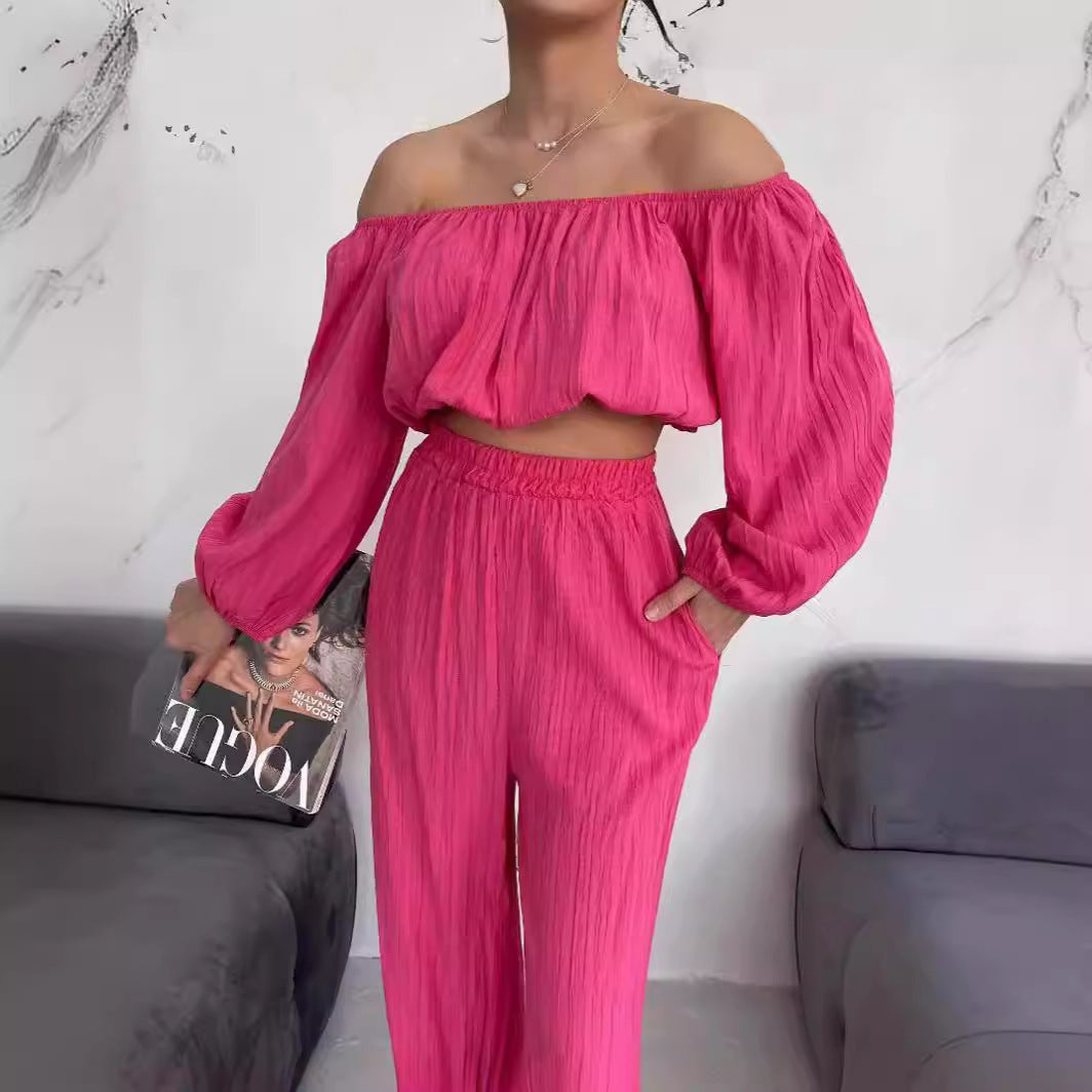 Two-Piece Set | Dames zomer set met offshoulder crop top en wijde broek