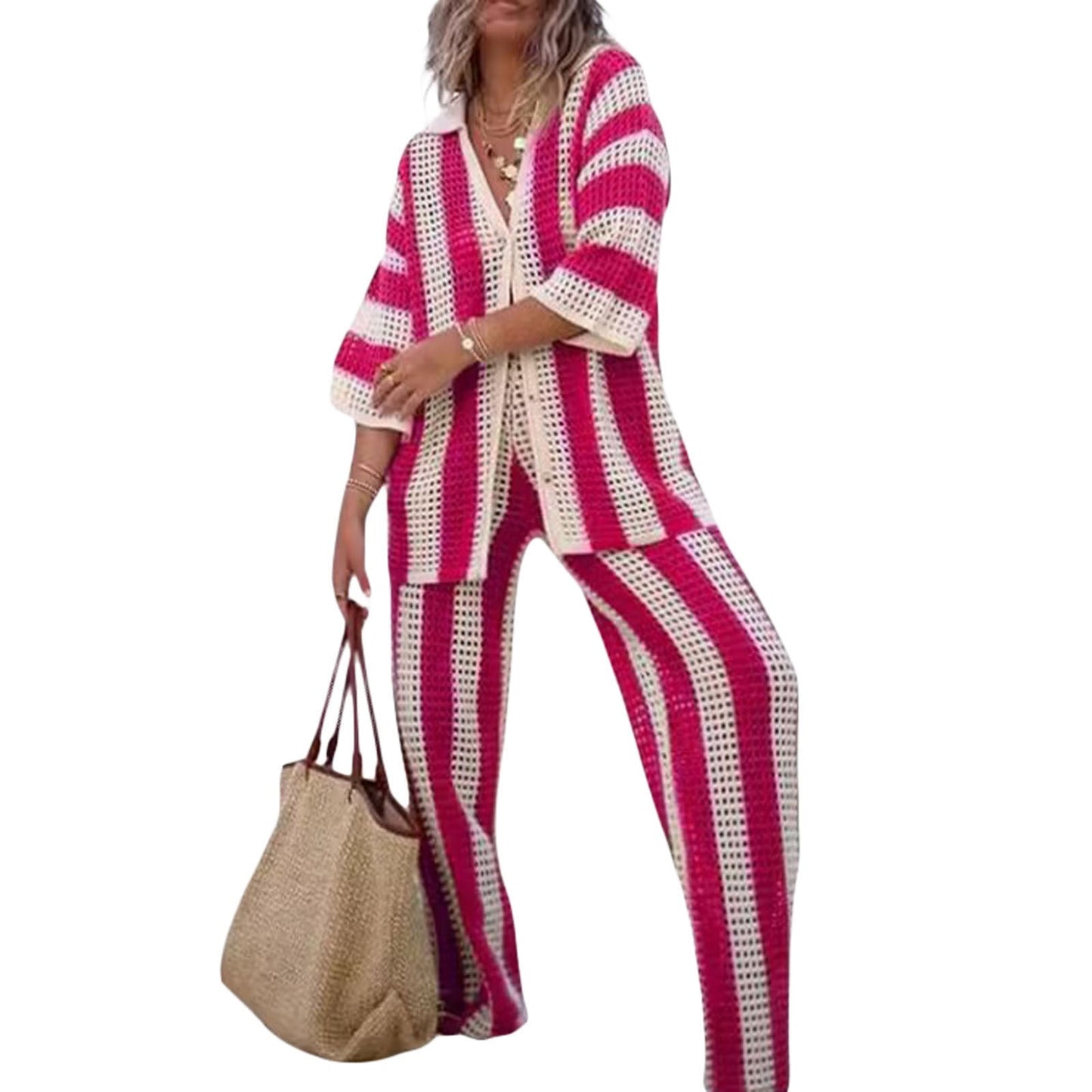 Agnes | Dames Set – Luchtige Open Knit Twee-Delige Outfit met V-hals Shirt en Wijde Broek