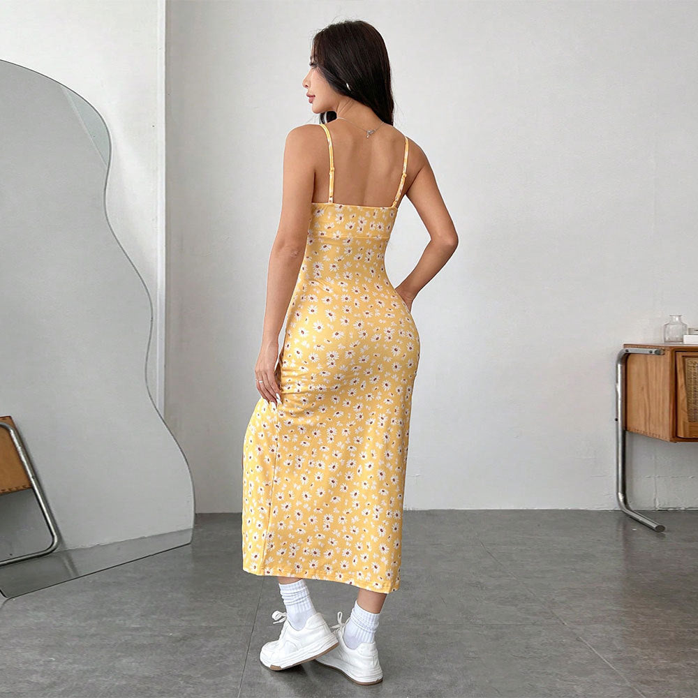 Eefje | Dames Midi Jurk – Slim Fit – Spaghettibandjes – Bloemenprint – Zijsplit