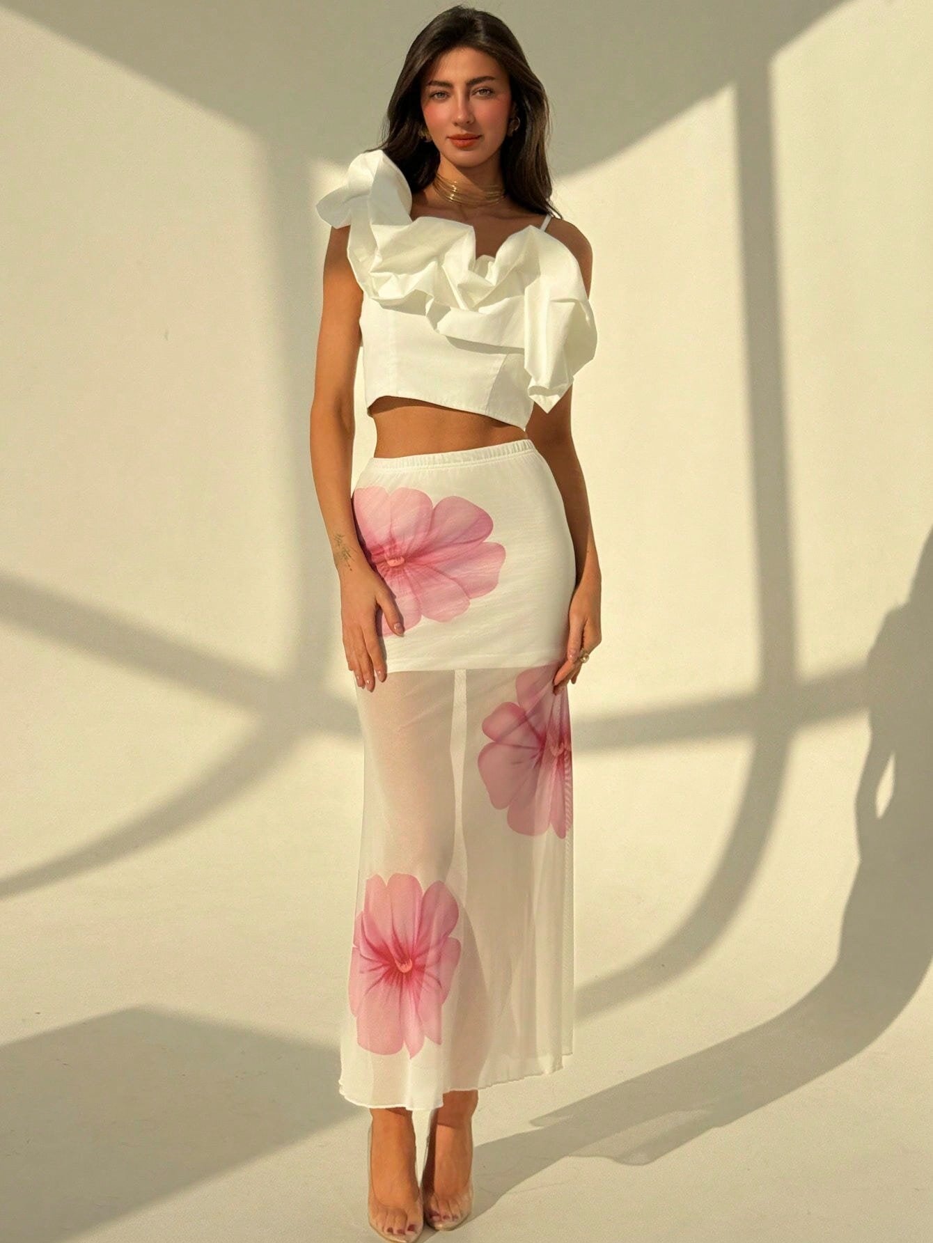 Adeline | Elegante Dames Maxi Rok – Zeemeermin Pasvorm met Transparant Mesh en Bloemenprint