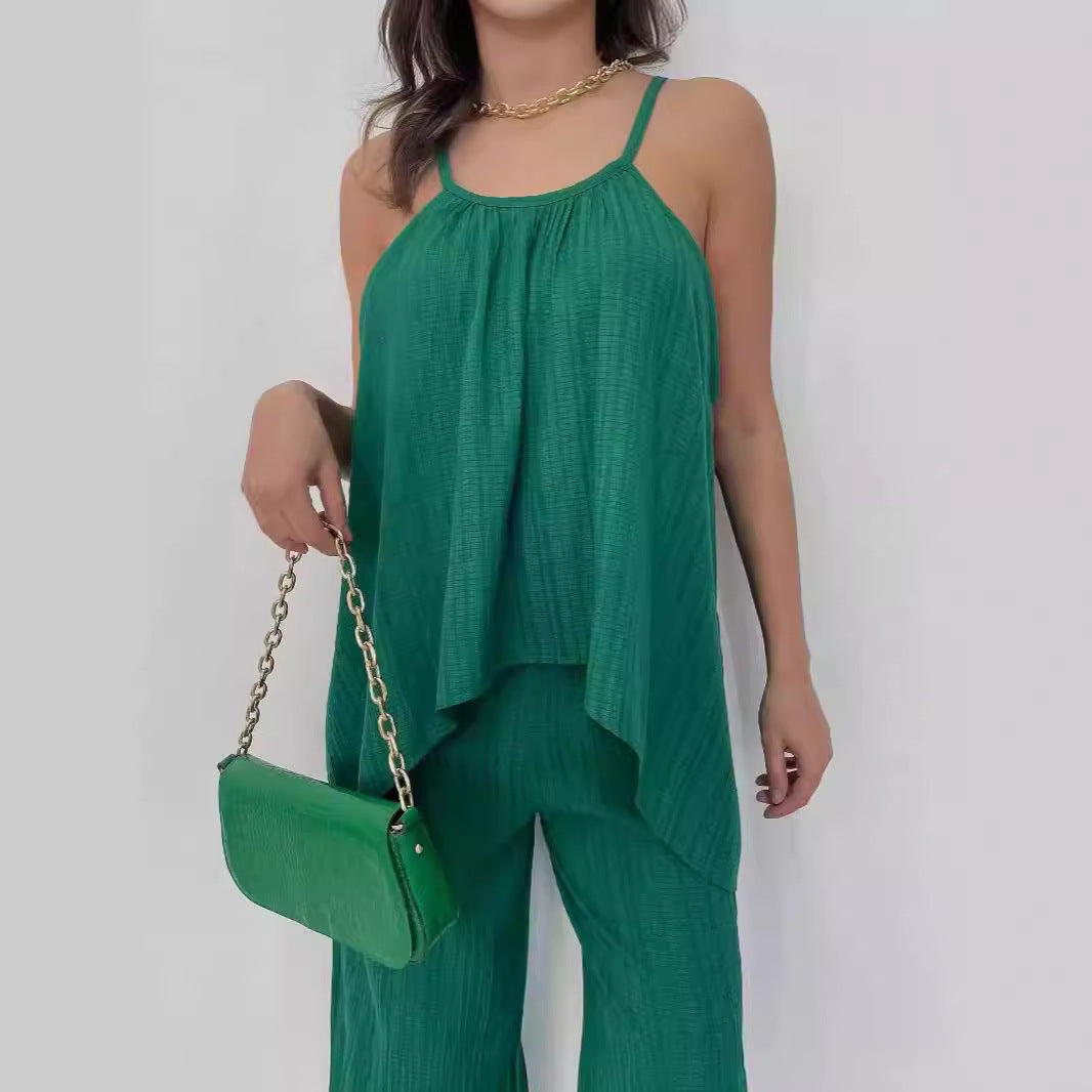 Dames Tweedelige Set | Haltertop met asymmetrische plooien en wijde broek in relaxed fit