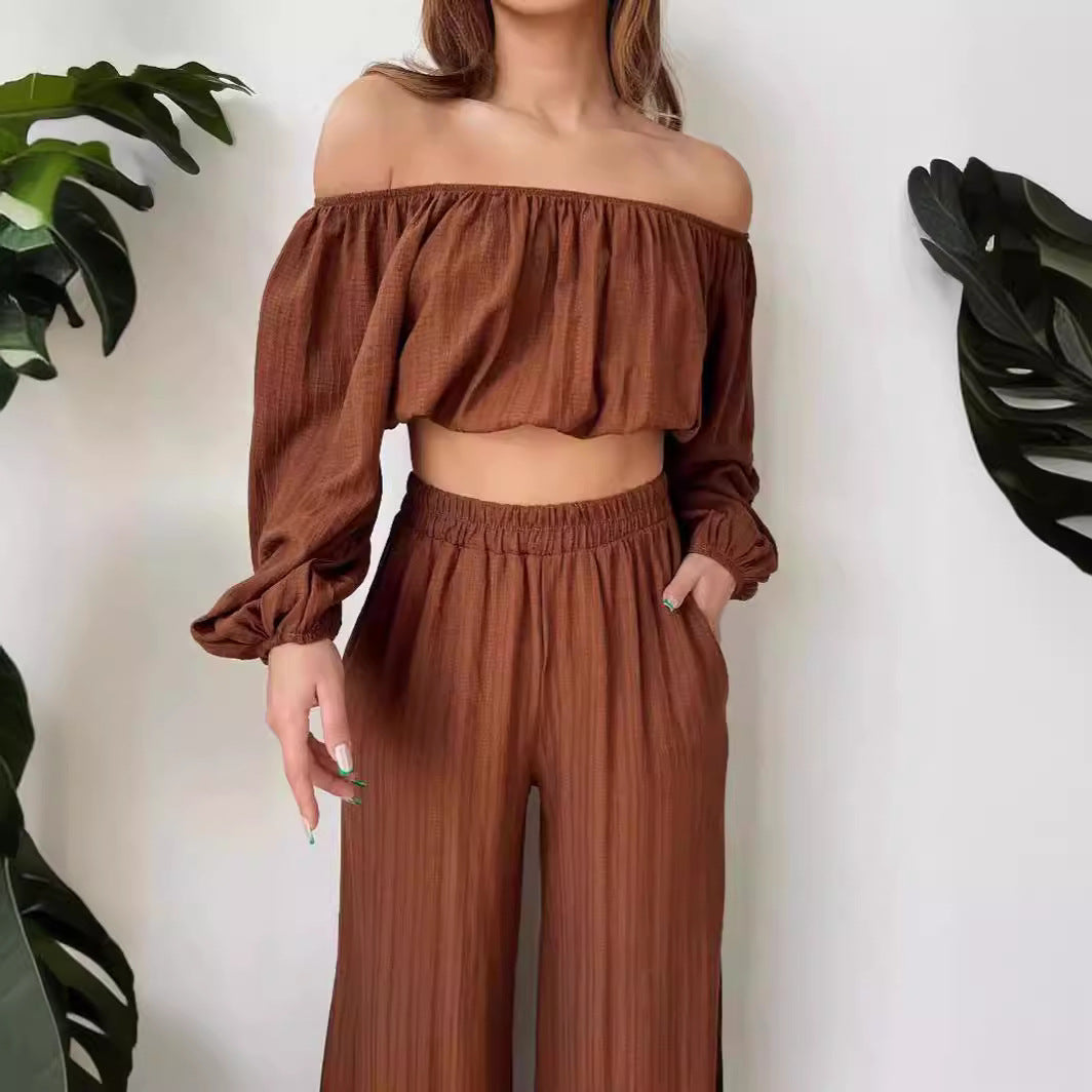 Two-Piece Set | Dames zomer set met offshoulder crop top en wijde broek