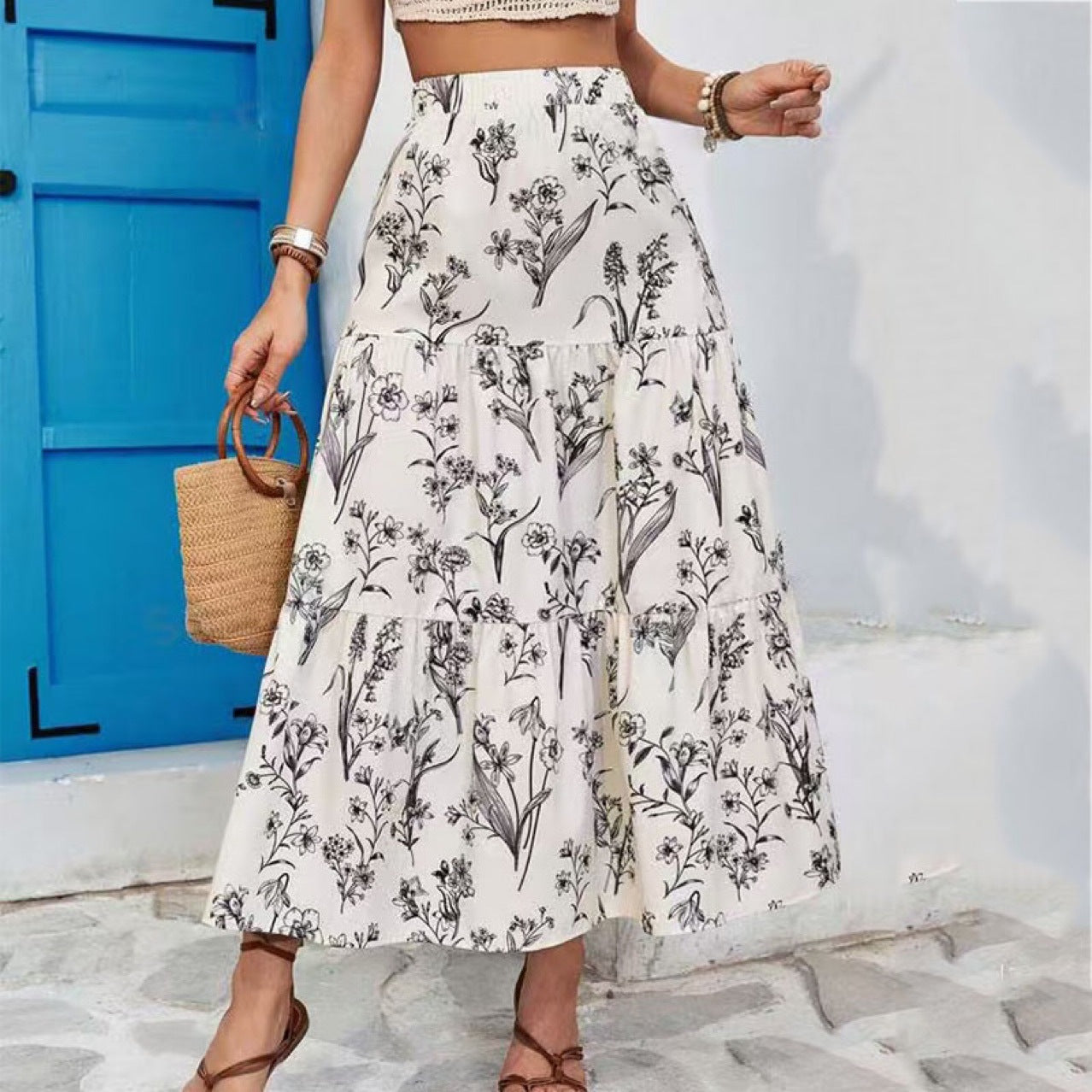 Chloe | Dames Midi Rok met Bloemenprint – Elastische Taille, Luchtige Laagjes & Comfort Fit voor Zomer en Evenementen