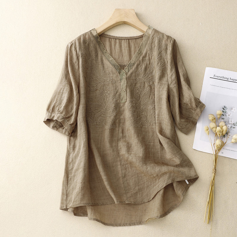Violetta | Dames Blouse – Los Model, V-hals, Korte Mouwen en Geborduurde Details