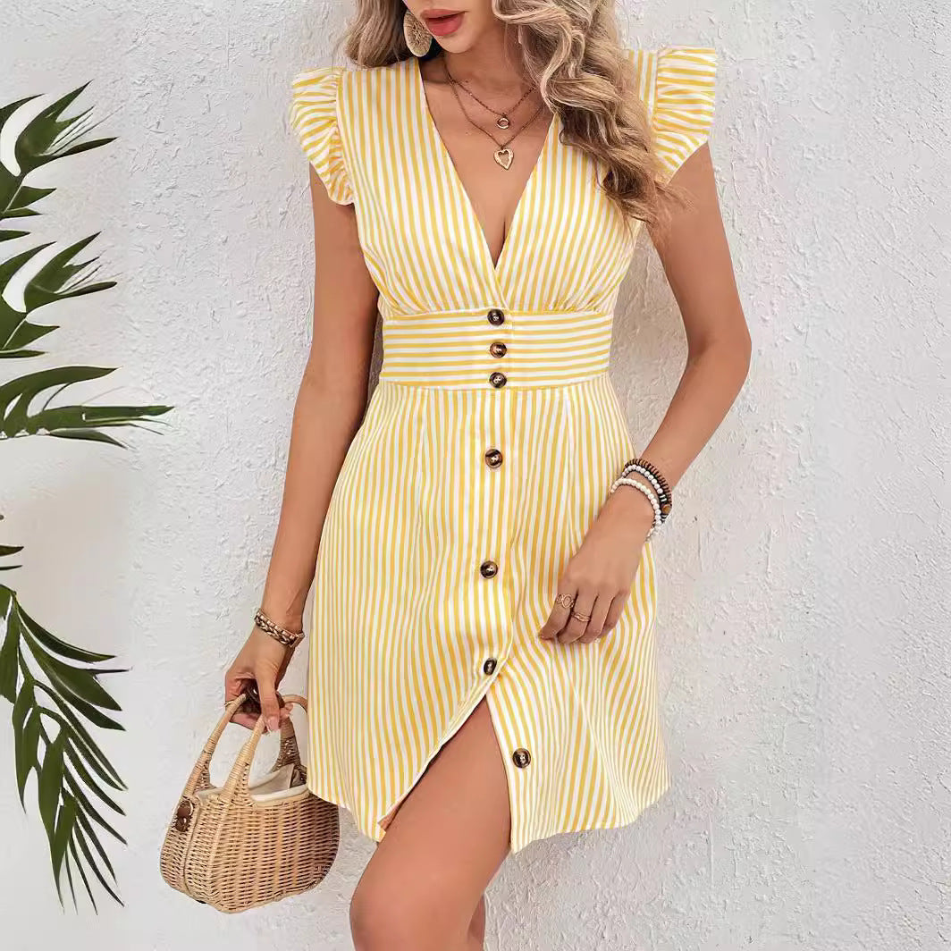 Indra | Dames Jurk – Gestreept A-lijn Model met V-hals, Ruffle Mouwtjes & Knoopsluiting