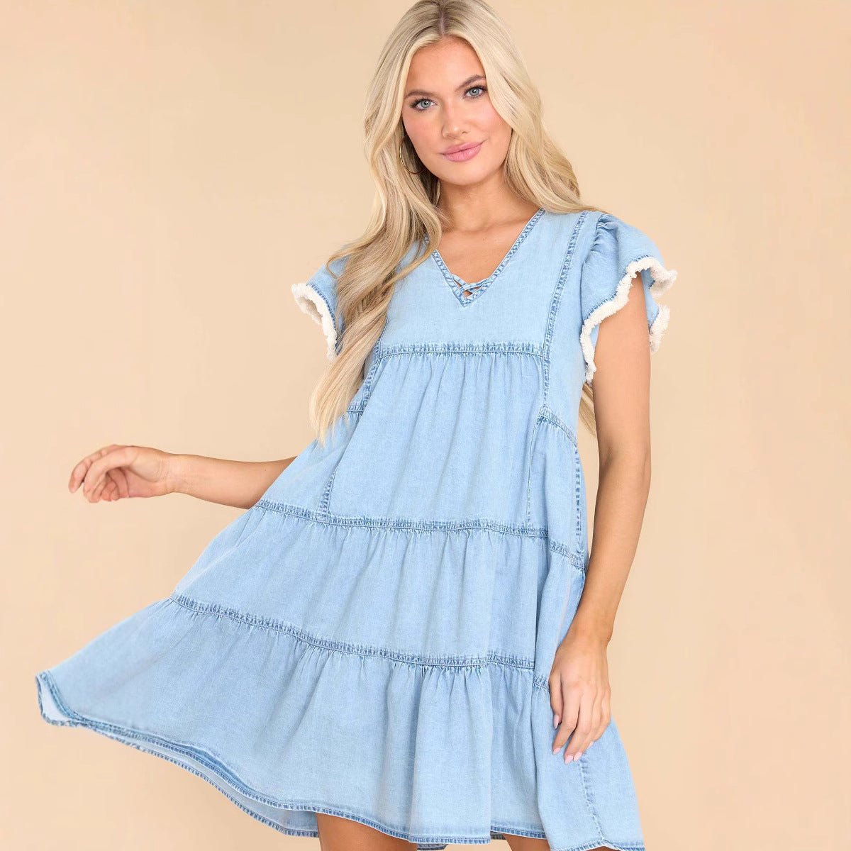 A-lijn Mini Jurk | Damesjurk met Denim Look en Ruches