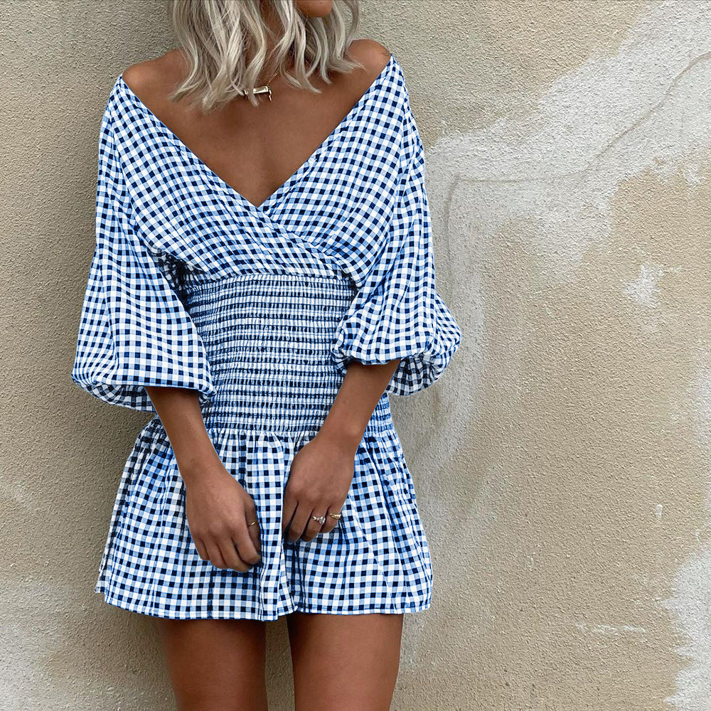 Mini Jurk | Dames jurk met ruitpatroon, V-hals en pofmouwen van katoenmix