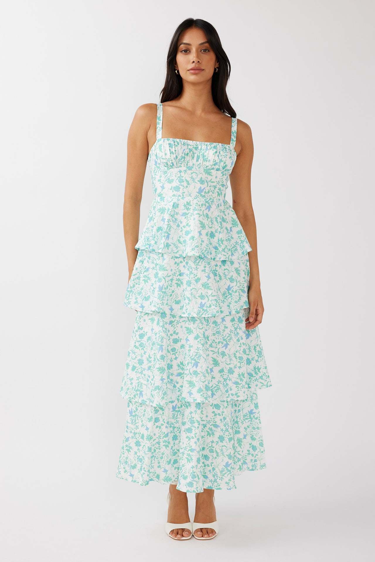 Jacoba | Dames Midi Jurk – Slim Fit met Bloemenprint en Ruches Rok voor Zomerse Elegantie