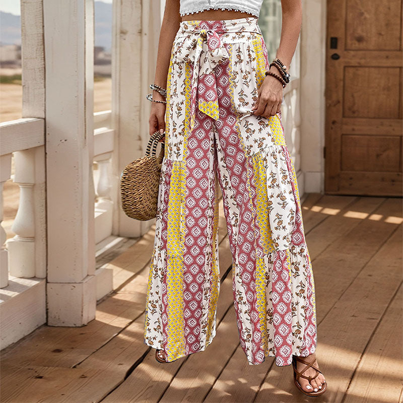 Janine | Dames Broek – Boho Patchwork Stijl met Wijde Pijpen en Hoge Taille voor Ademend Comfort