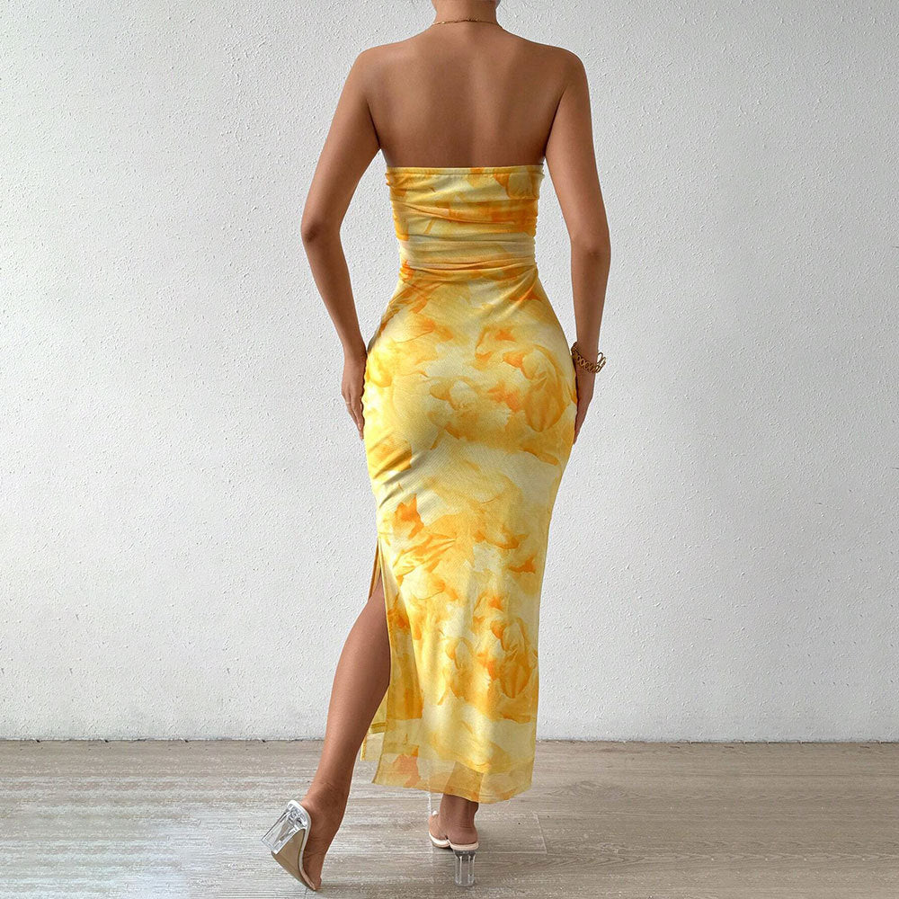Hilda | Dames Strapless Maxi Jurk – Slim Fit Mesh Design met Elegante Zijsplit