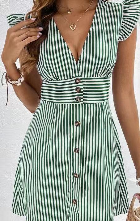 Indra | Dames Jurk – Gestreept A-lijn Model met V-hals, Ruffle Mouwtjes & Knoopsluiting