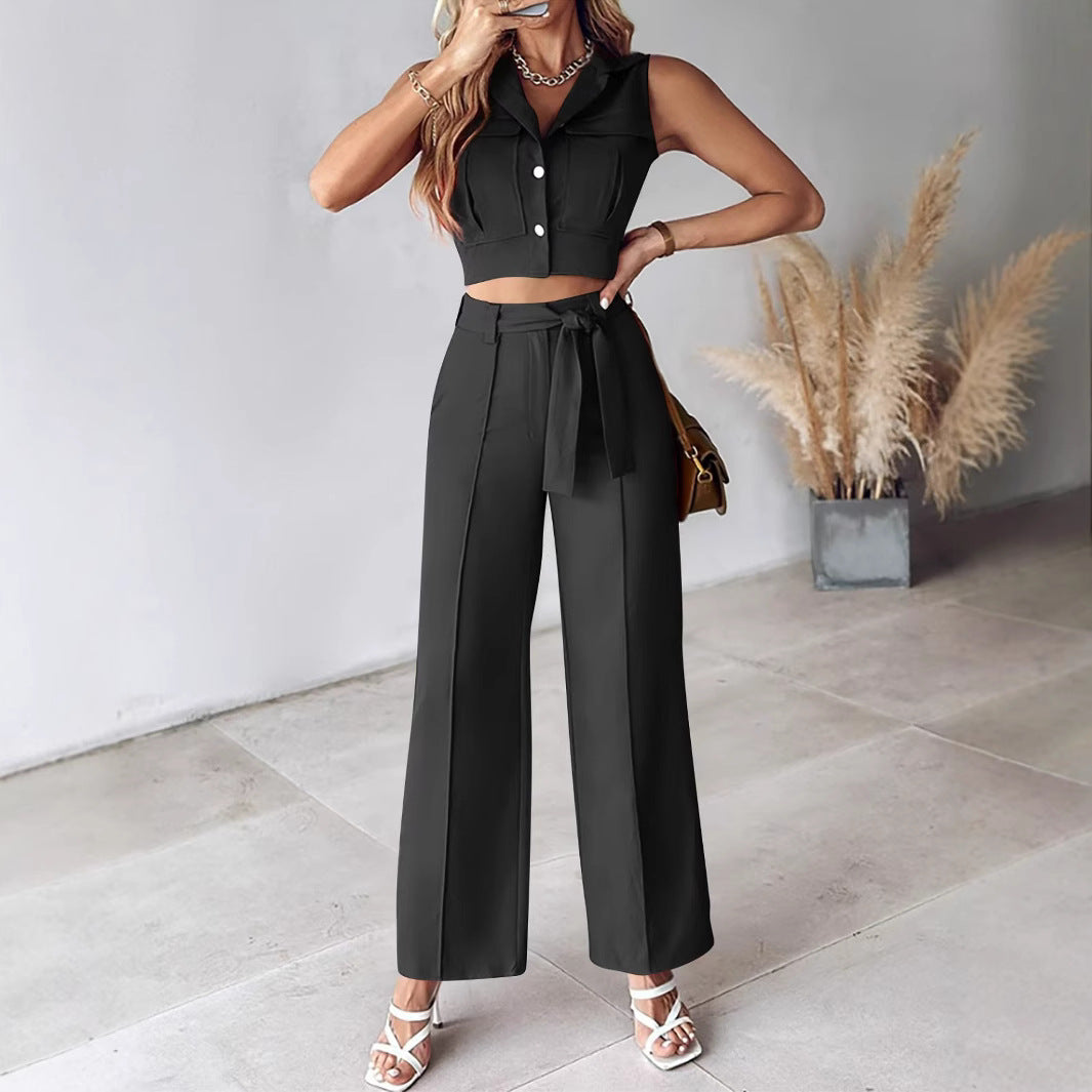 Cora | Dames Pakkenset – Mouwloze Crop Top & Hoge Taille Wijde Broek – Afneembare Ceintuur