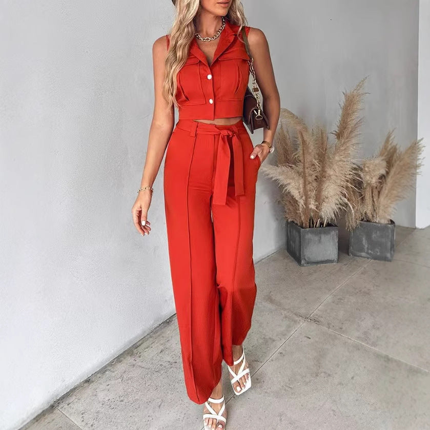 Cora | Dames Pakkenset – Mouwloze Crop Top & Hoge Taille Wijde Broek – Afneembare Ceintuur