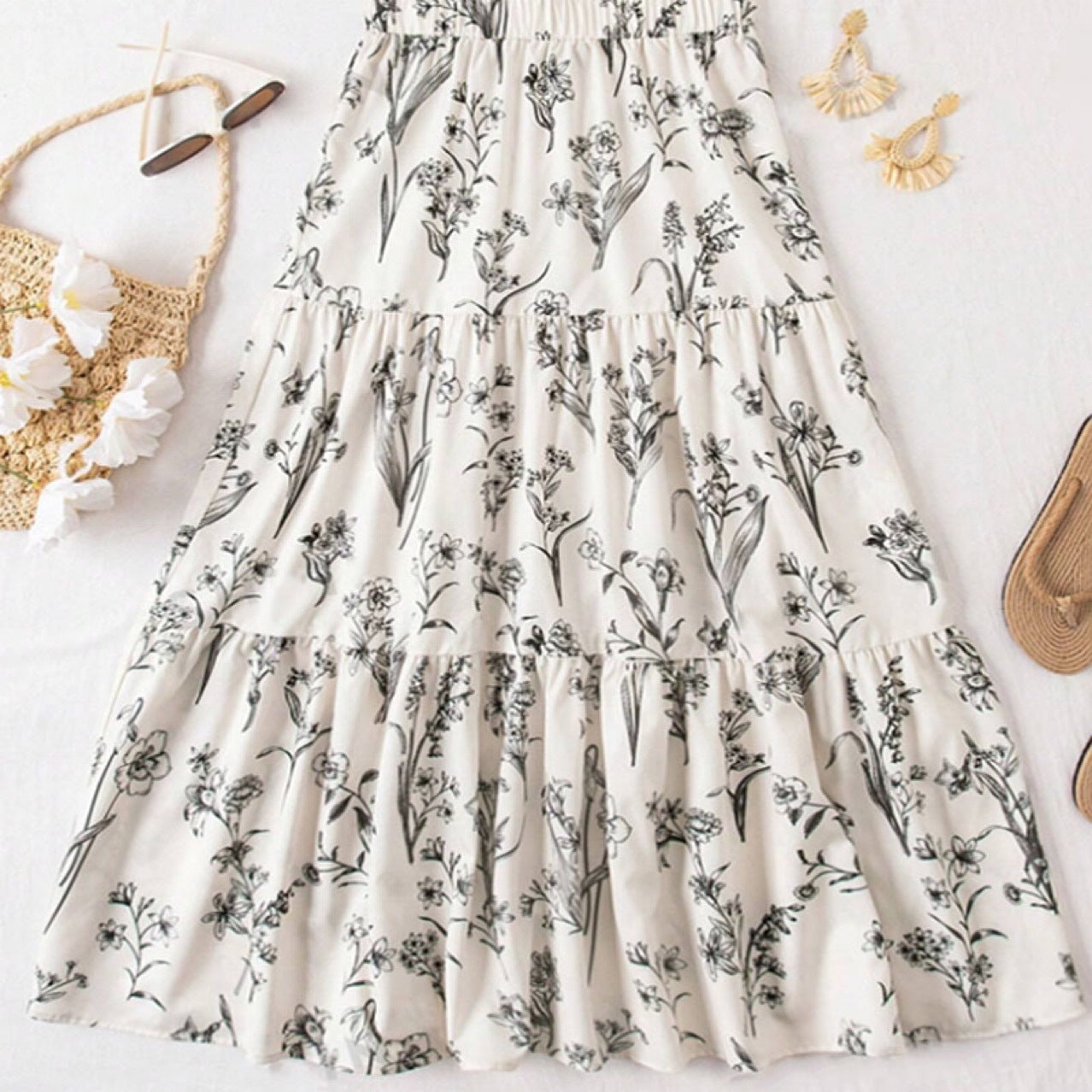 Chloe | Dames Midi Rok met Bloemenprint – Elastische Taille, Luchtige Laagjes & Comfort Fit voor Zomer en Evenementen