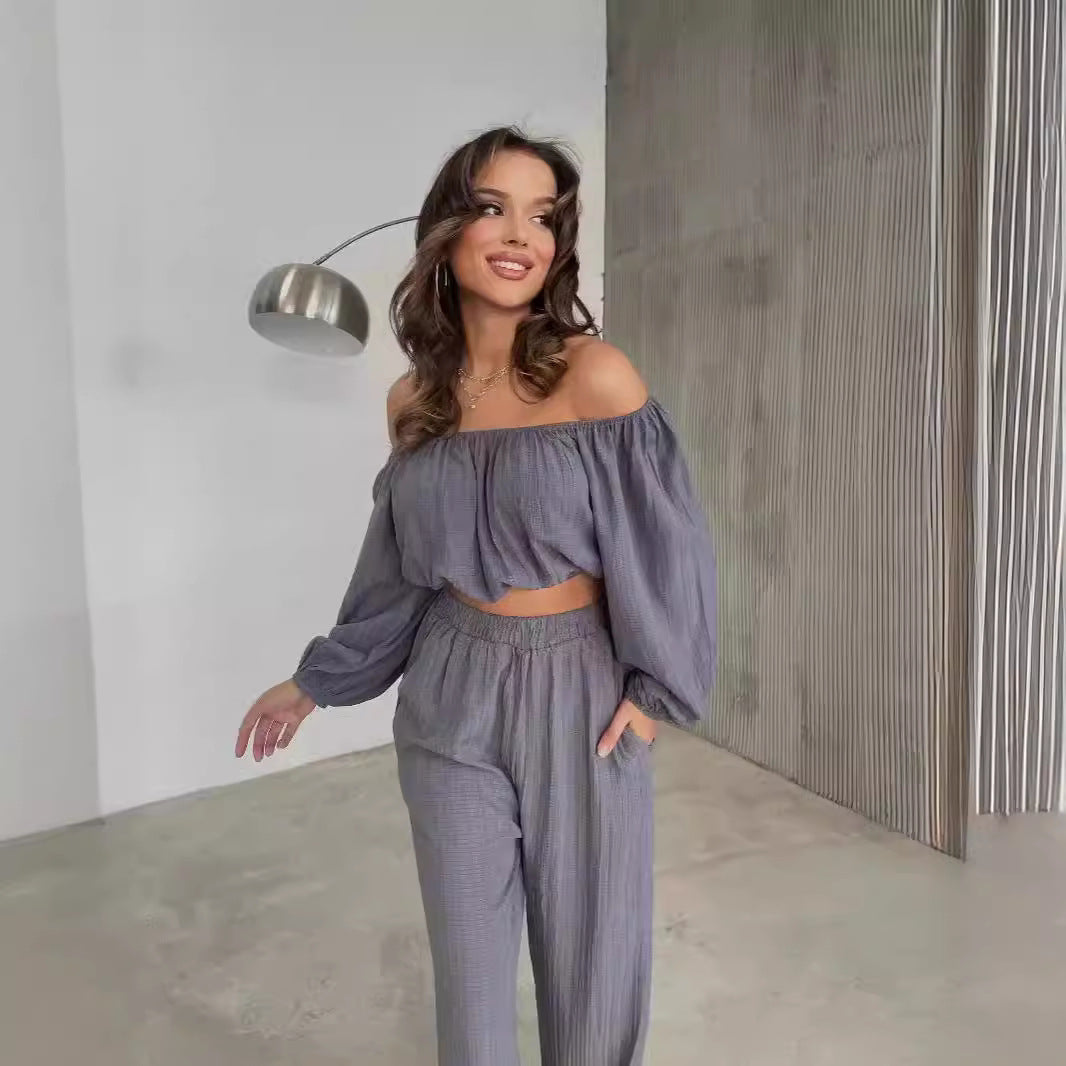 Two-Piece Set | Dames zomer set met offshoulder crop top en wijde broek
