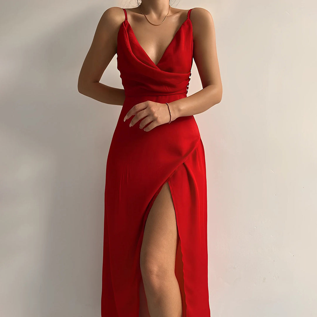 Lucienne | Spaghetti-Träger Midi-Kleed – Sexy Backless en Draperend Ontwerp voor Dames
