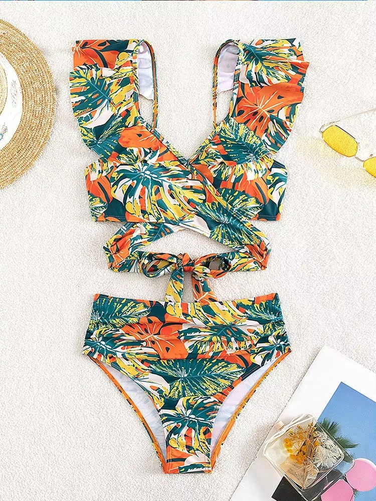 Paulien | Dames Bikini Set – V-hals – Ruches – Hoog Taillebroekje – Tropische Print