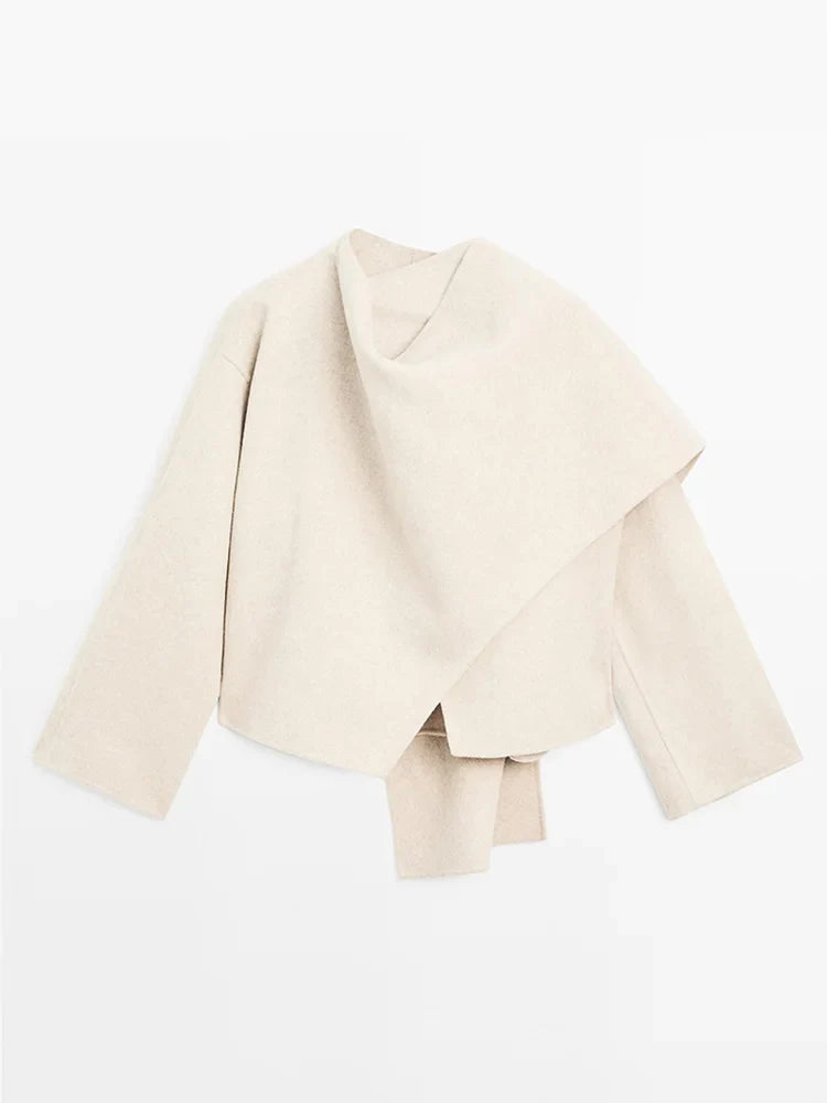 Nona Jas Dames | Asymmetrische Wolmix Jas met Sjaaldetail
