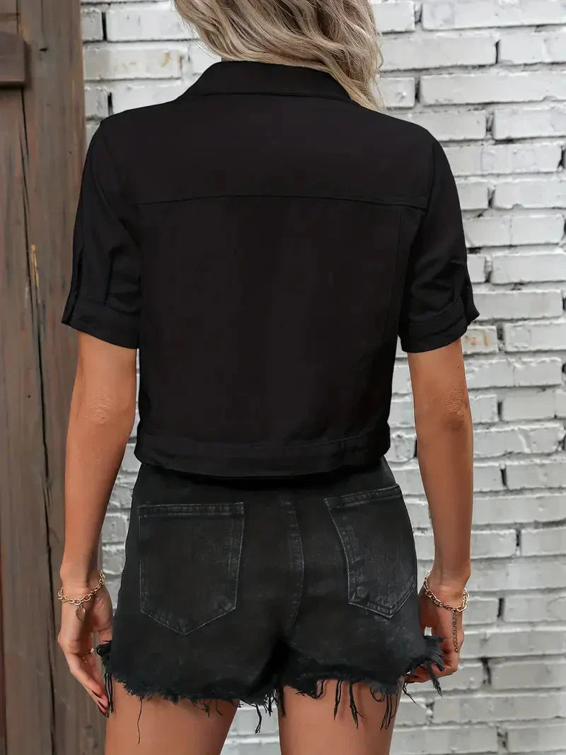 Bea | Dames Denim Jack – Kort Mouwjack met Relaxte Fit en Klassieke Kraag