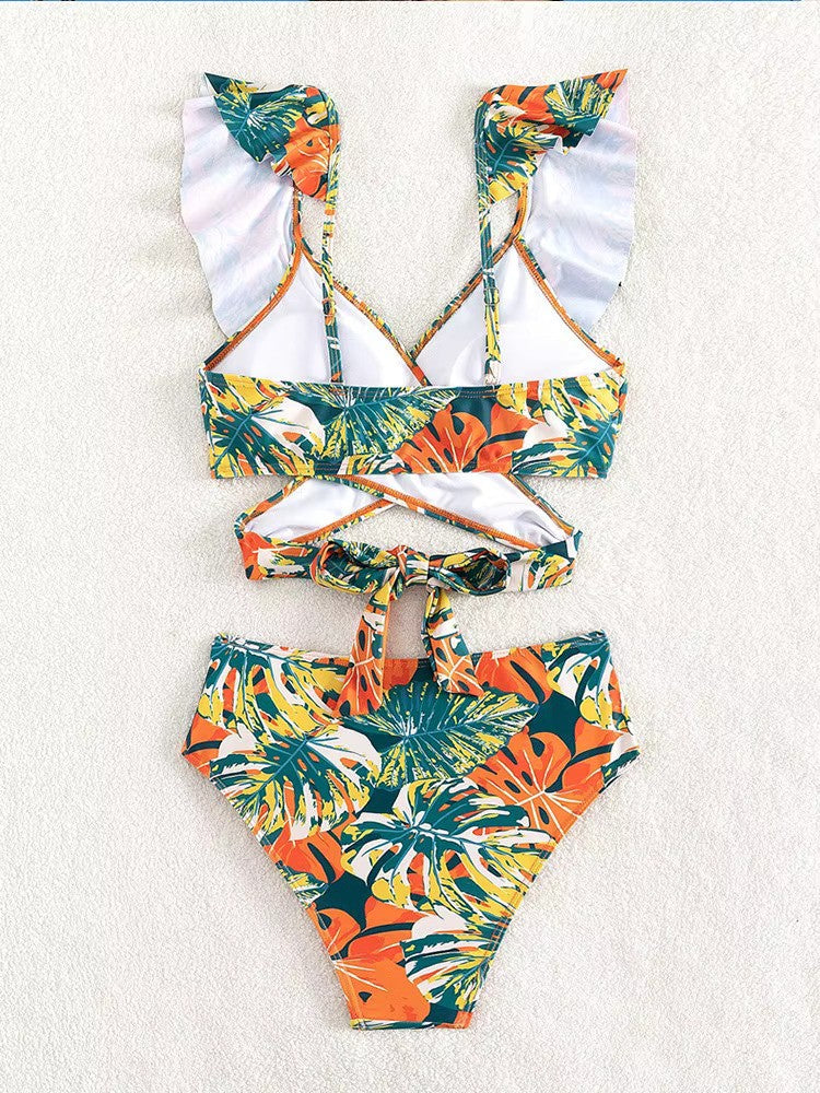 Paulien | Dames Bikini Set – V-hals – Ruches – Hoog Taillebroekje – Tropische Print