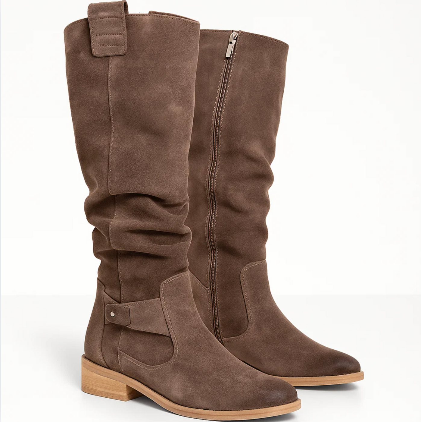 Dames Kniehoge Laarzen met Rits – Suède, Lage hak, Herfst/Winter