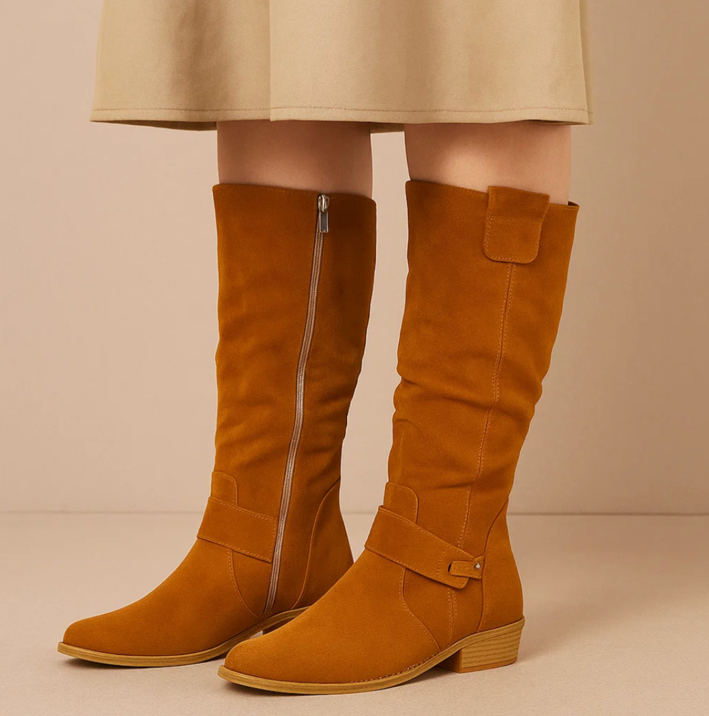 Dames Kniehoge Laarzen met Rits – Suède, Lage hak, Herfst/Winter