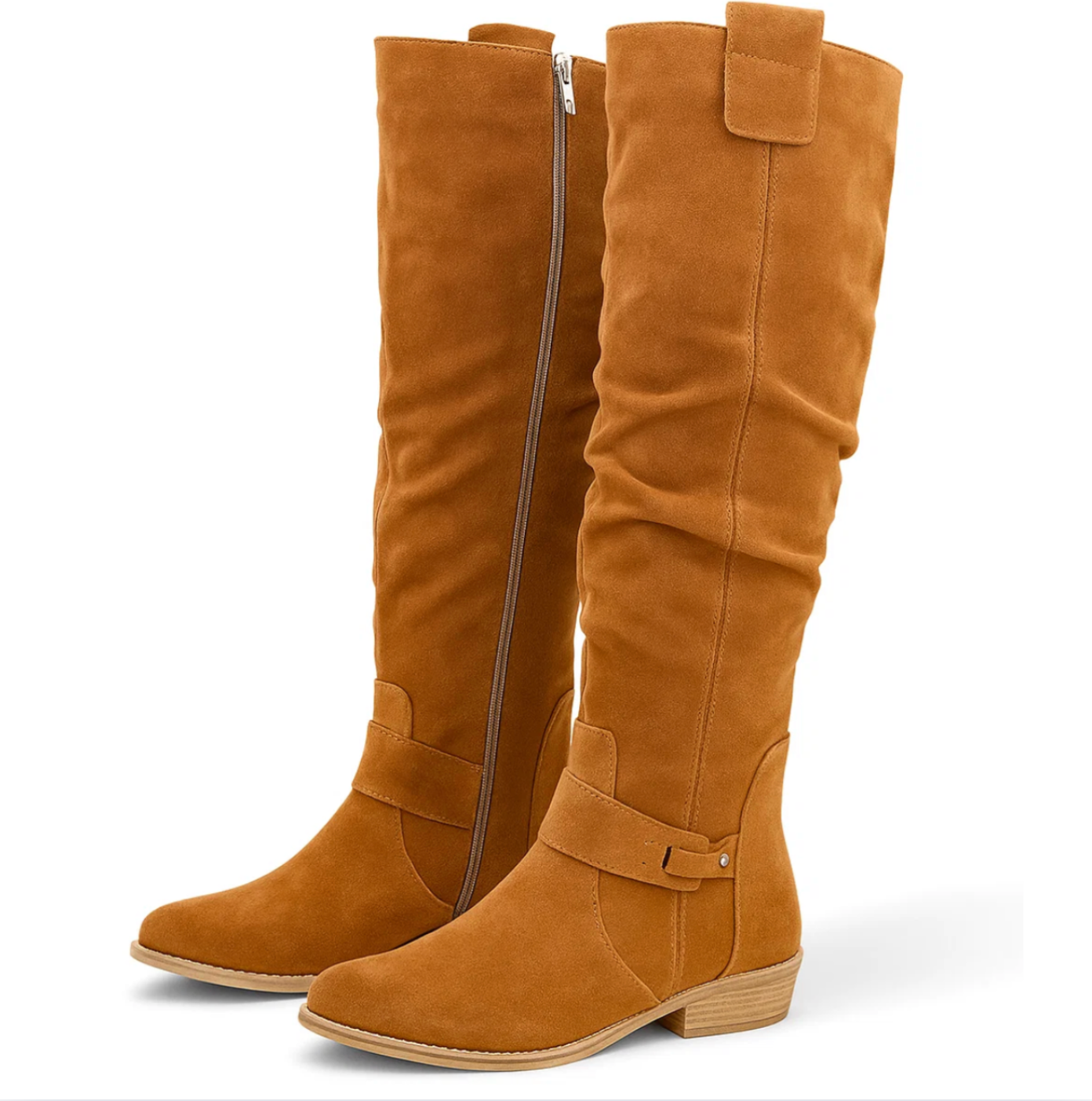 Dames Kniehoge Laarzen met Rits – Suède, Lage hak, Herfst/Winter
