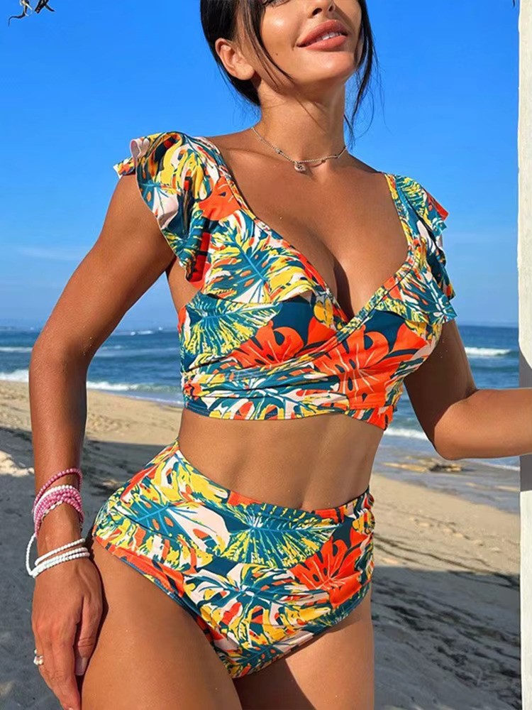 Paulien | Dames Bikini Set – V-hals – Ruches – Hoog Taillebroekje – Tropische Print