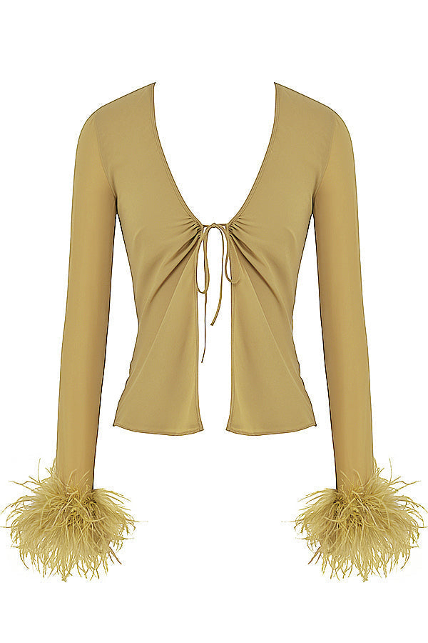 Mieke | Dames Top – Diepe V-Hals met Strikdetail en Luxe Verenaccenten