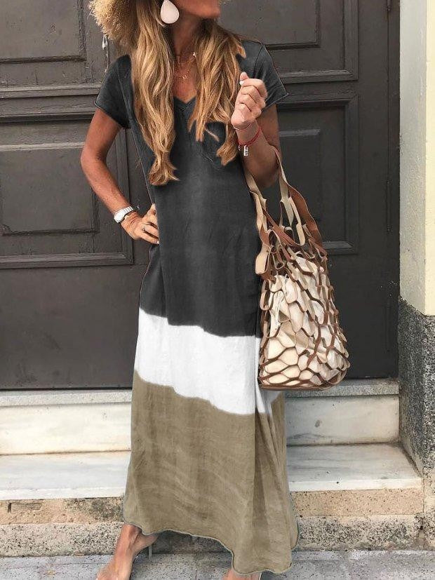 Vera | Dames Maxi-jurk – Relaxed Fit, V-hals, Korte Mouwen en Ademend Patchwork