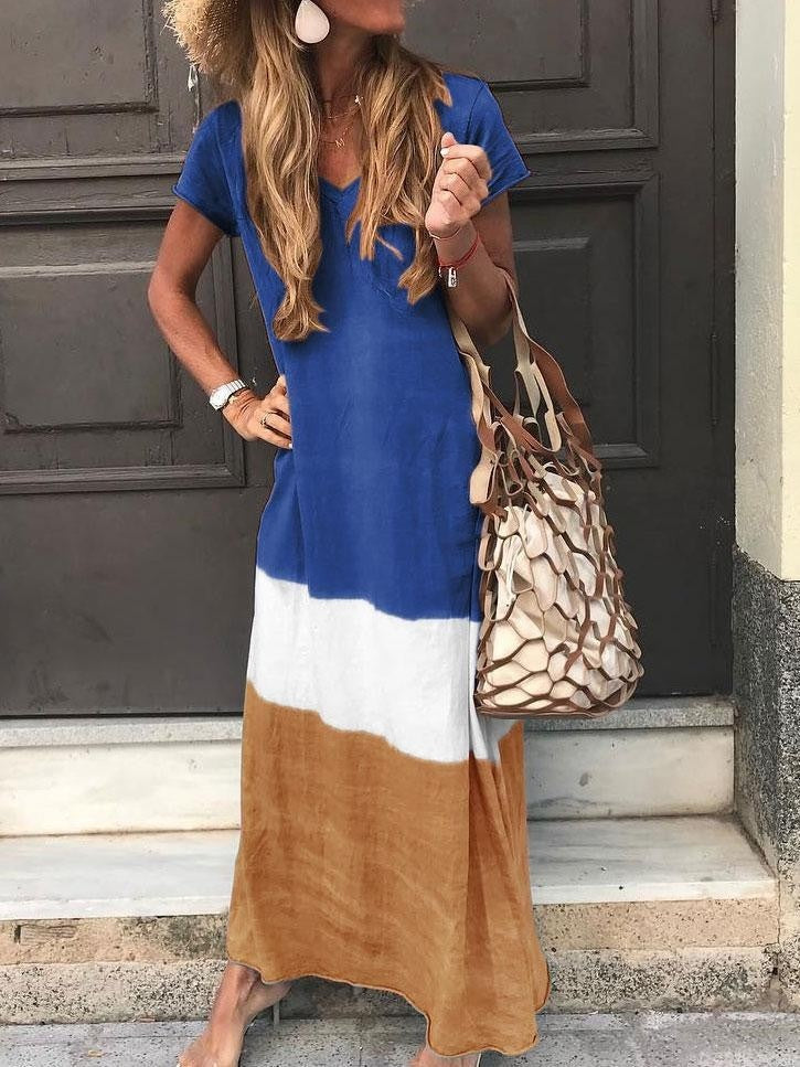 Vera | Dames Maxi-jurk – Relaxed Fit, V-hals, Korte Mouwen en Ademend Patchwork