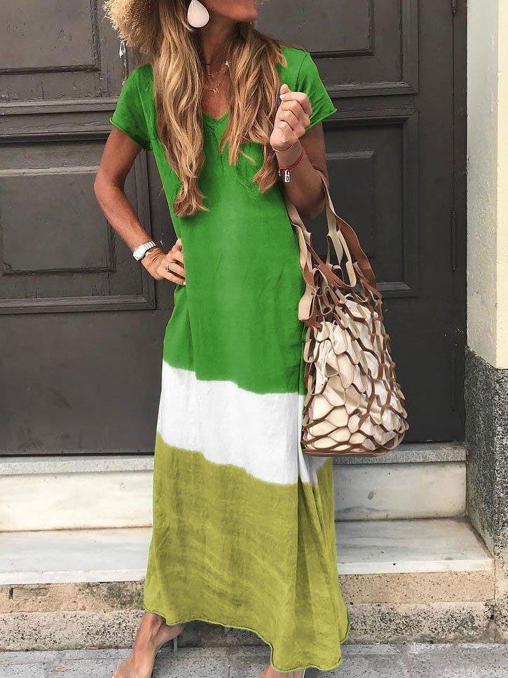 Vera | Dames Maxi-jurk – Relaxed Fit, V-hals, Korte Mouwen en Ademend Patchwork