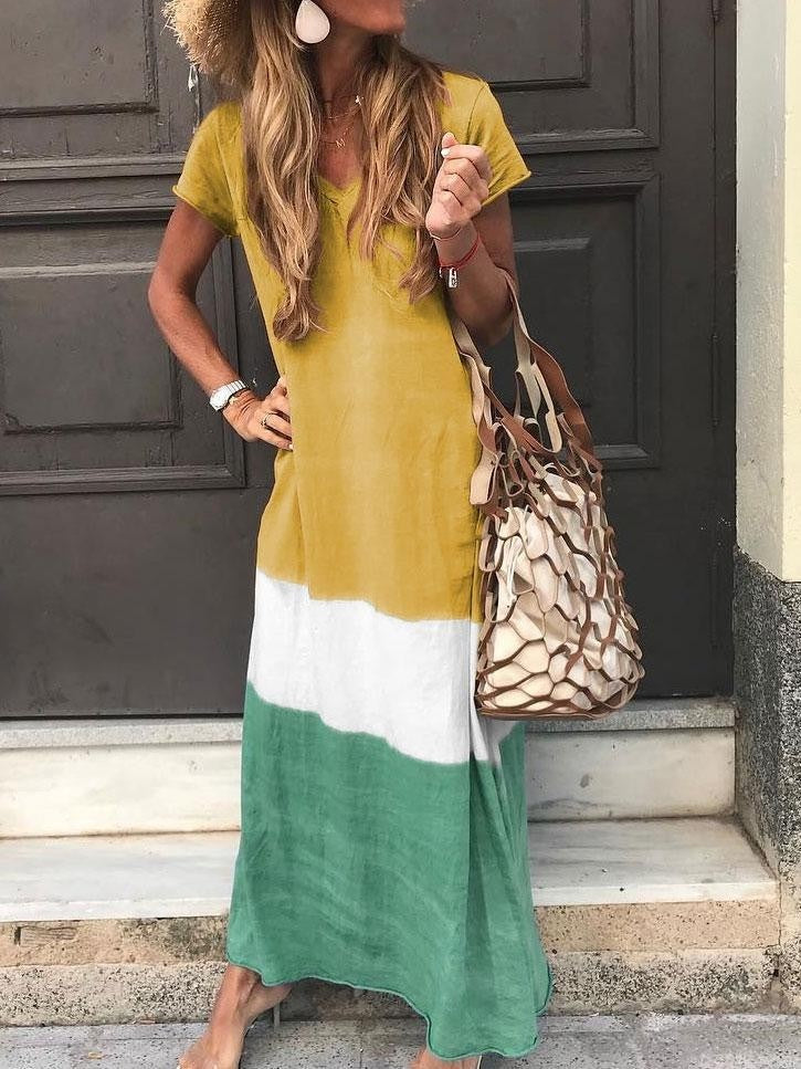 Vera | Dames Maxi-jurk – Relaxed Fit, V-hals, Korte Mouwen en Ademend Patchwork