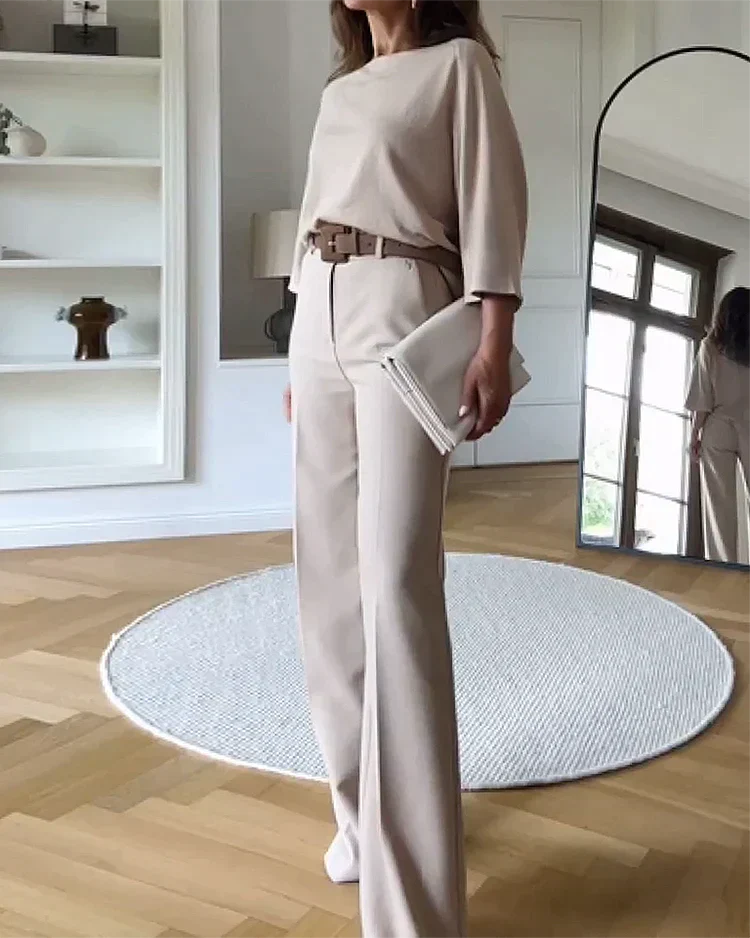Kimberly Set | Dames 2-delige outfit met hoge taille broek en losvallende top in neutrale kleur