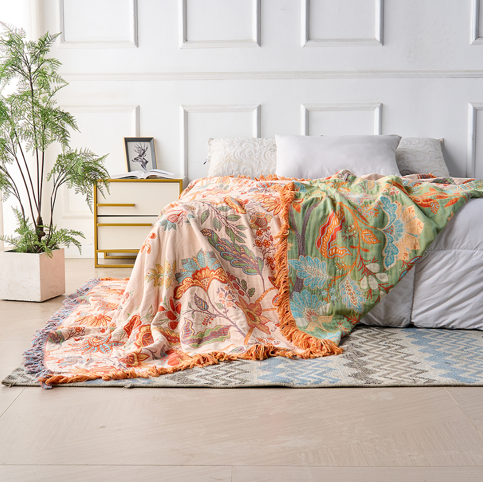 Katoenen Plaid – Bohemian Bloemenprint in Oranje en Blauw voor Woonkamer of Slaapkamer