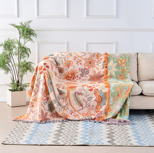 Katoenen Plaid – Bohemian Bloemenprint in Oranje en Blauw voor Woonkamer of Slaapkamer