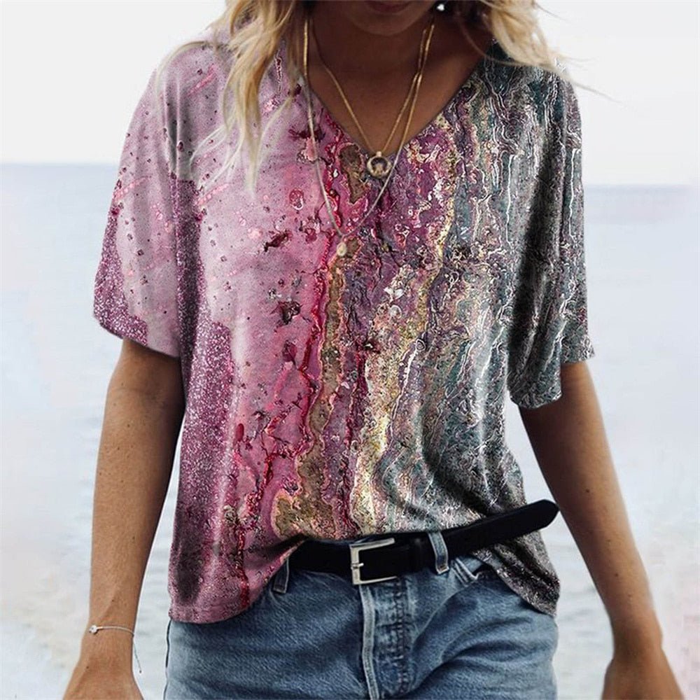 Yolanda | Dames T-shirt met V-hals en Boho Design – Relaxed Fit en Korte Mouwen
