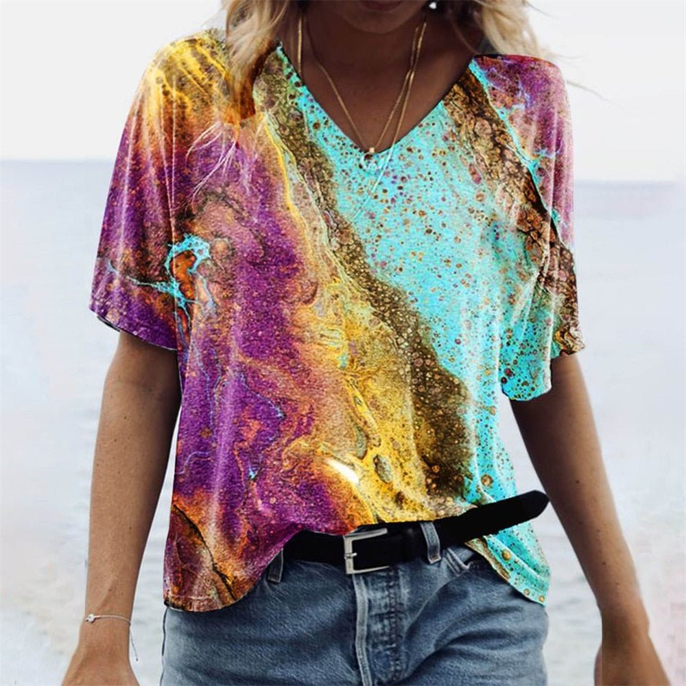 Yolanda | Dames T-shirt met V-hals en Boho Design – Relaxed Fit en Korte Mouwen