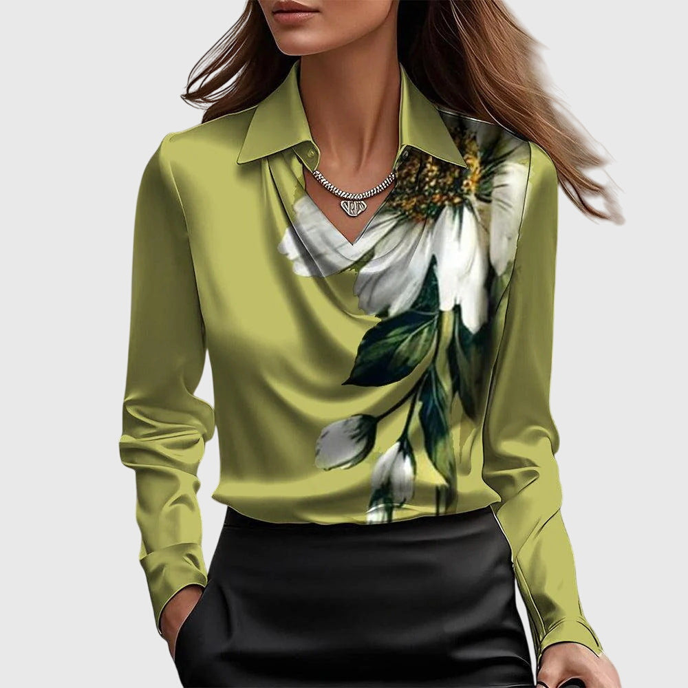 Sylvana Blouse Dames | Elegante Blouse met Glans en Geplooide Halslijn