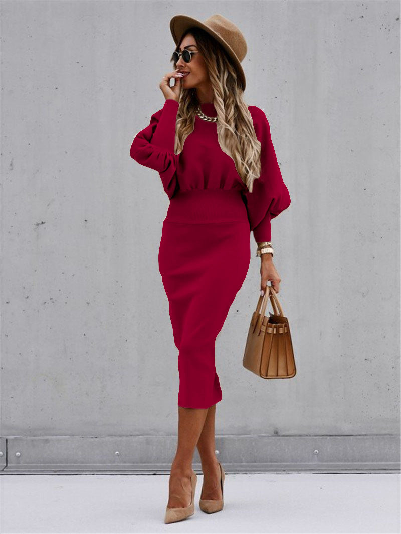 Shanna | Dames Jurk met Lange Pofmouwen en Elastische Taille – Tijdloze Elegantie in Dieprood
