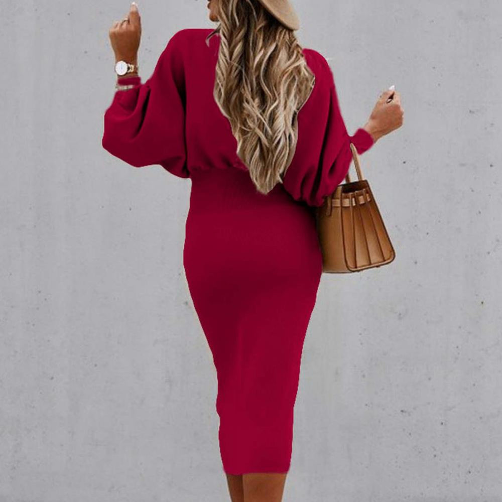 Shanna | Dames Jurk met Lange Pofmouwen en Elastische Taille – Tijdloze Elegantie in Dieprood