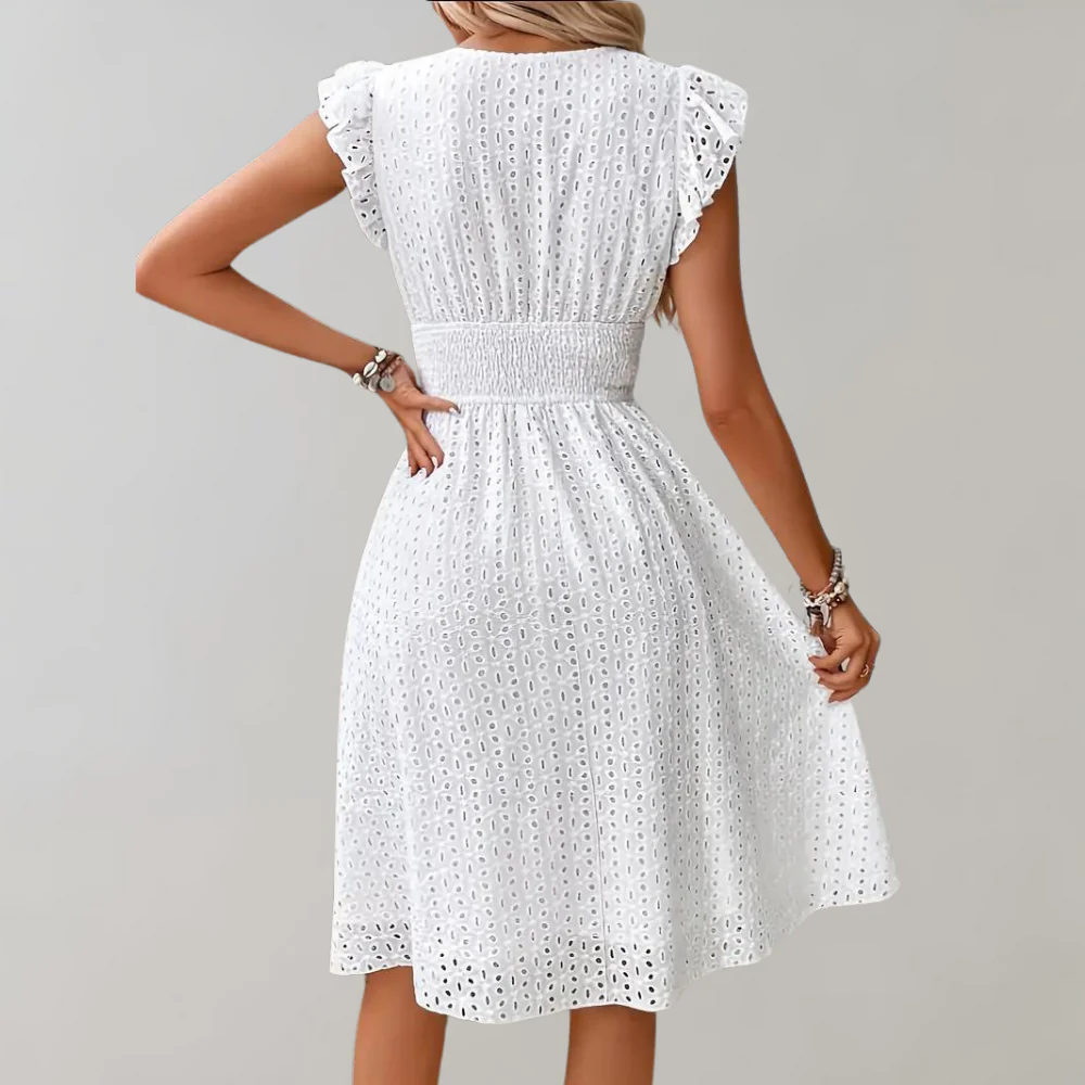 Fenja | Dames Jurk – V-hals – Broderiestof – Gesmokte Taille – Knie-lengte