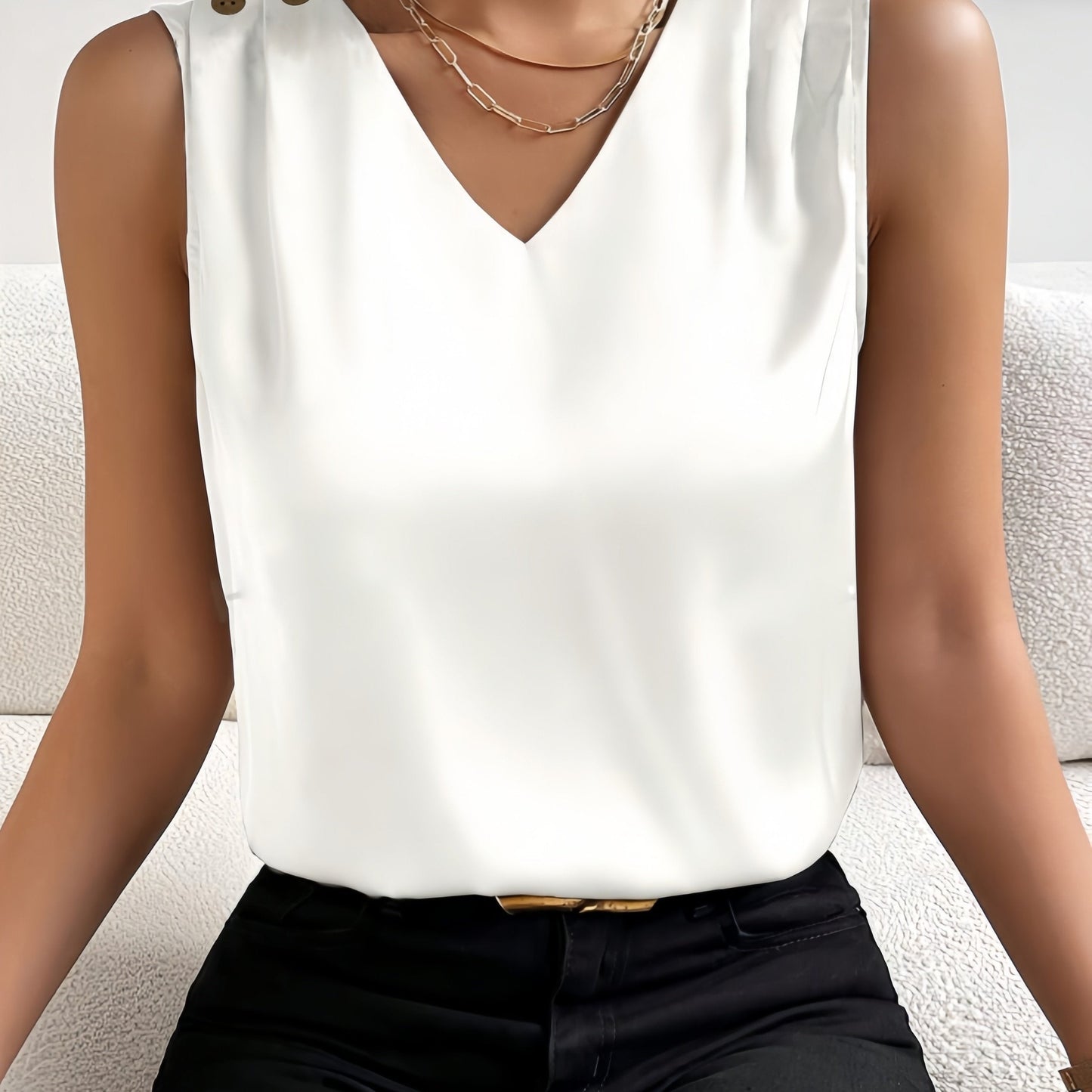 Karin | Dames Tanktop – Effen V-Hals Top met Knoopdetails en Luchtige Pasvorm voor de Zomer