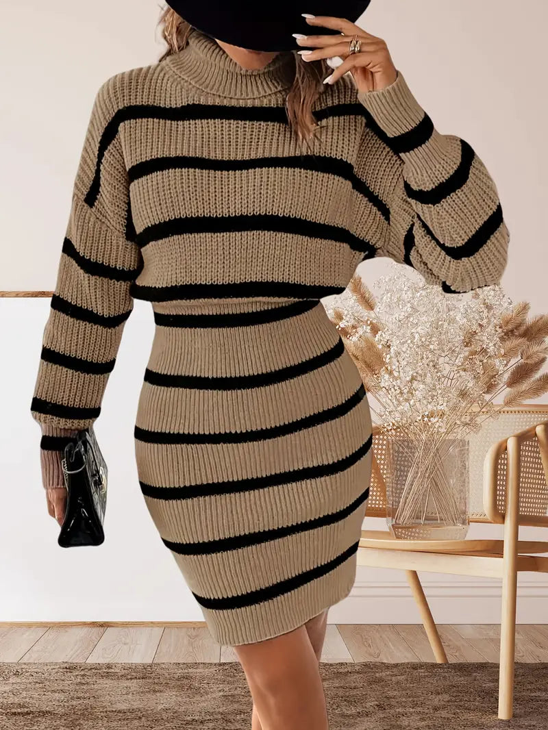 Margriet | Dames Gestreepte Midijurk – Turtleneck, Verlaagde Schouders, Tijdloos Design