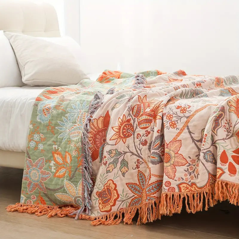 Katoenen Plaid – Bohemian Bloemenprint in Oranje en Blauw voor Woonkamer of Slaapkamer