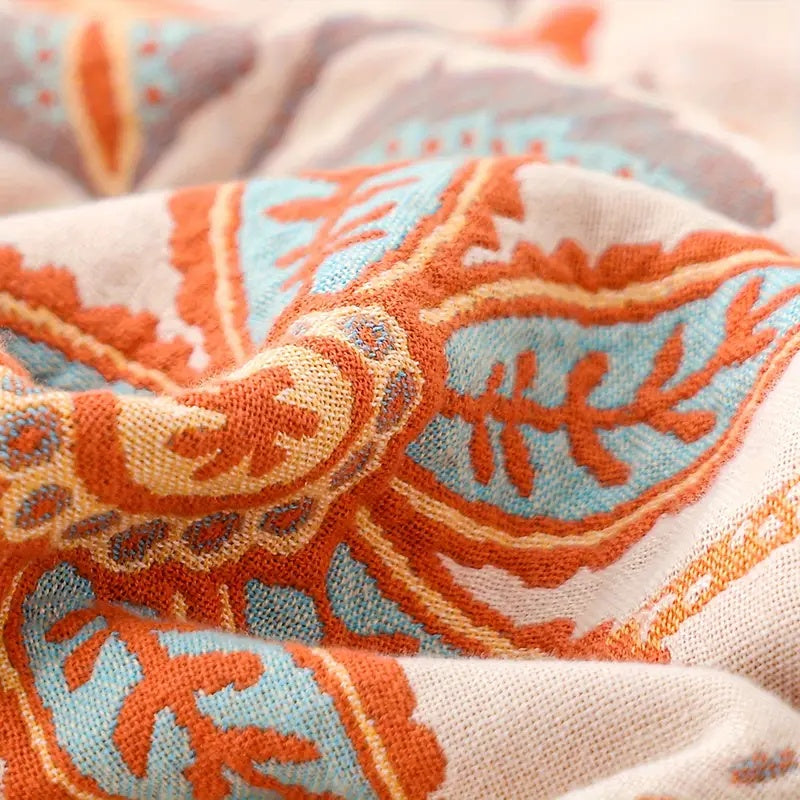 Katoenen Plaid – Bohemian Bloemenprint in Oranje en Blauw voor Woonkamer of Slaapkamer